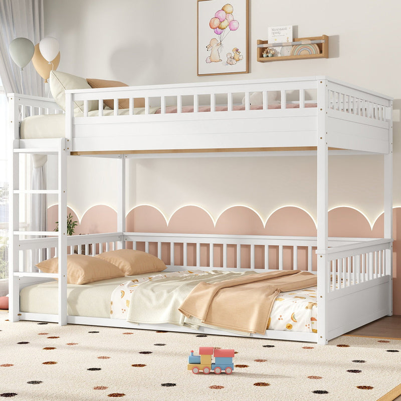 Queen over Queen Bunk Bed with Ladder and Guardrails, White