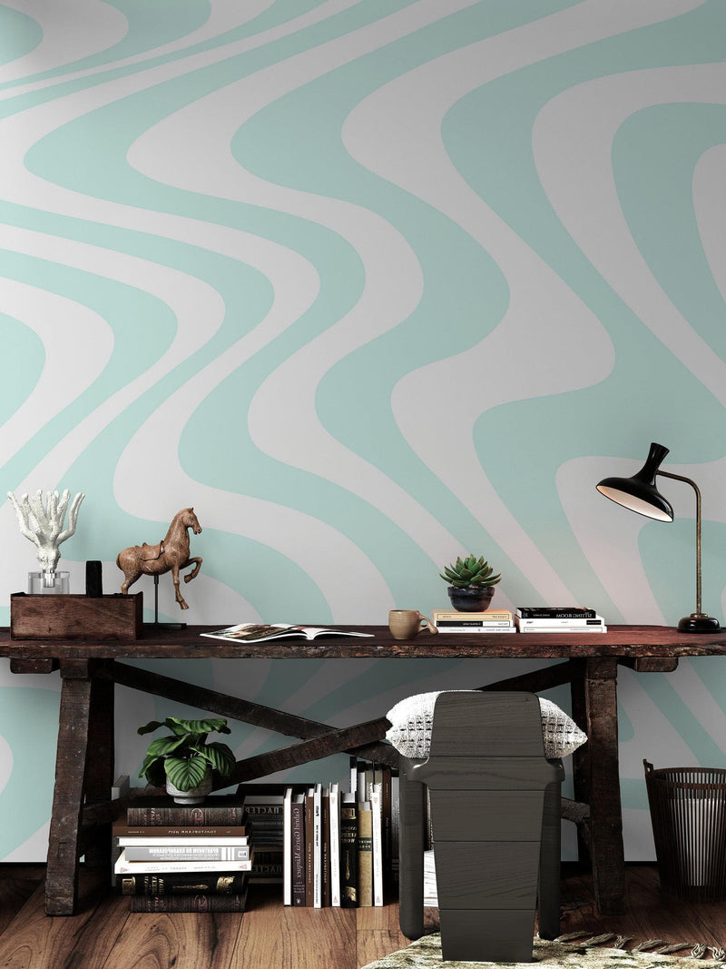 Mint Color Swirly Lines Abstract Wallpaper Mural.