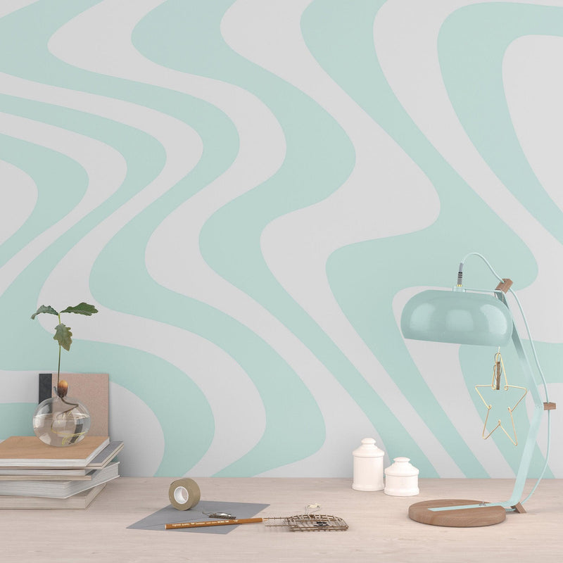 Mint Color Swirly Lines Abstract Wallpaper Mural.