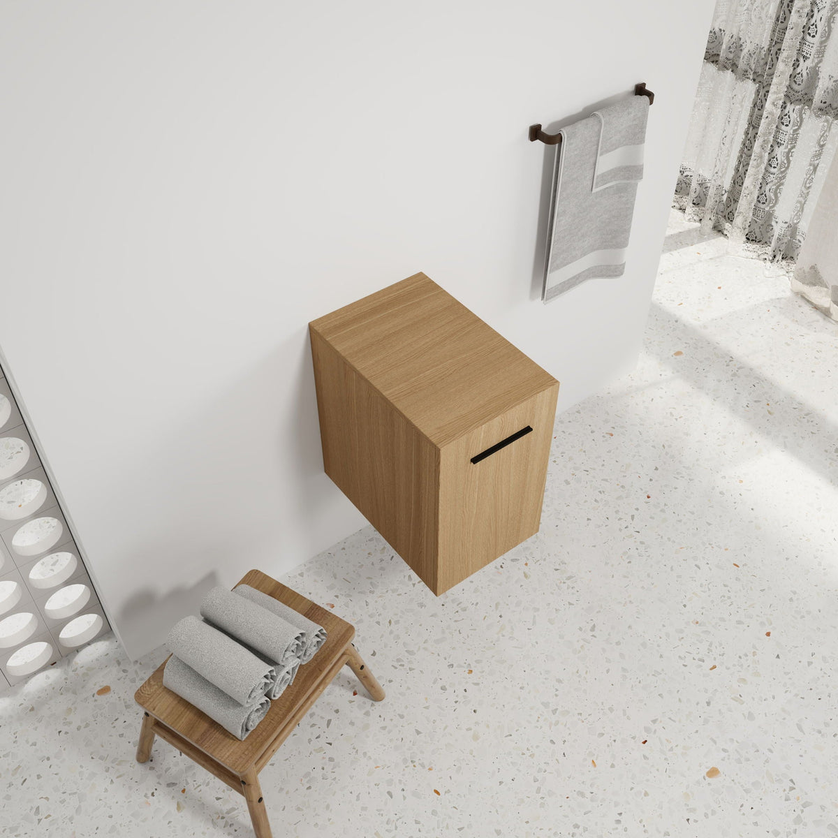 Floating Bathroom Vanity Single Door Base Cabinet, Wall Mounted Storage - Light Oak, photo 9 of 18