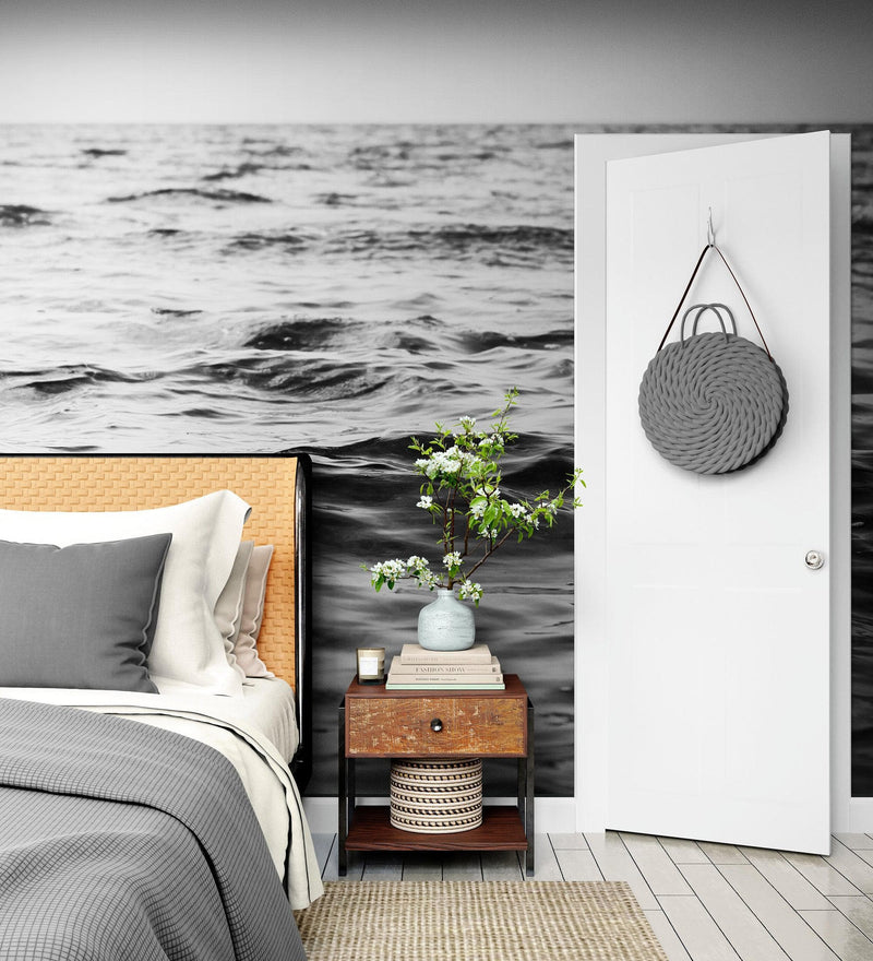 Black and White Ocean Wave Wallpaper. Peel and Stick Wall Mural.