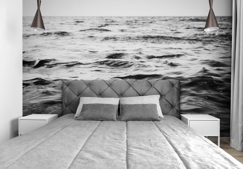 Black and White Ocean Wave Wallpaper. Peel and Stick Wall Mural.