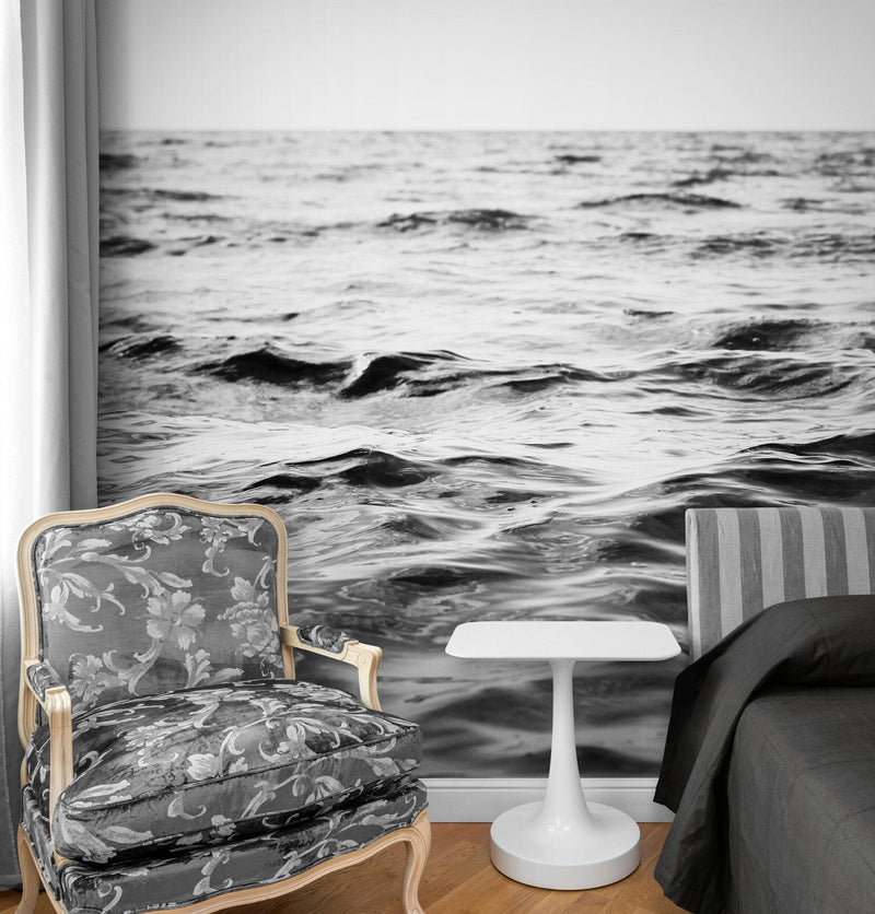 Black and White Ocean Wave Wallpaper. Peel and Stick Wall Mural.