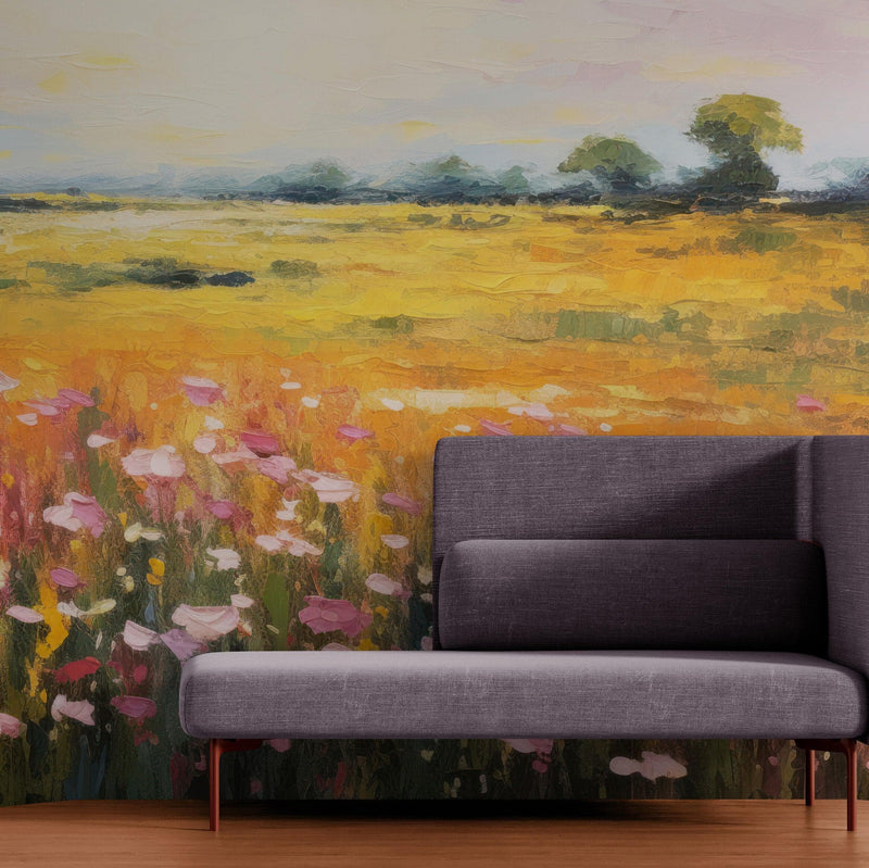 Colorful Yellow Flower Field Painting Wallpaper Mural.