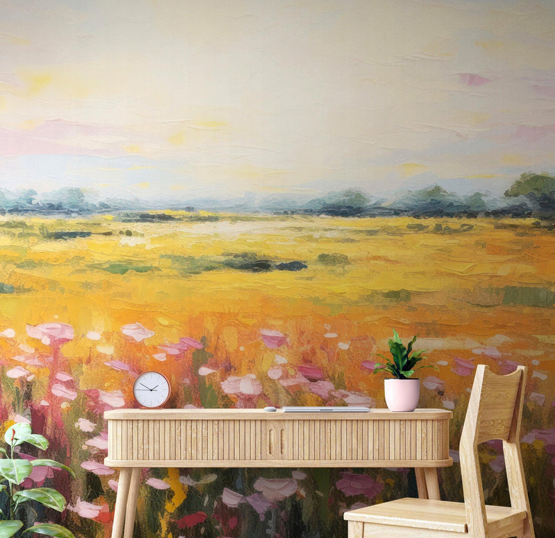 Colorful Yellow Flower Field Painting Wallpaper Mural.