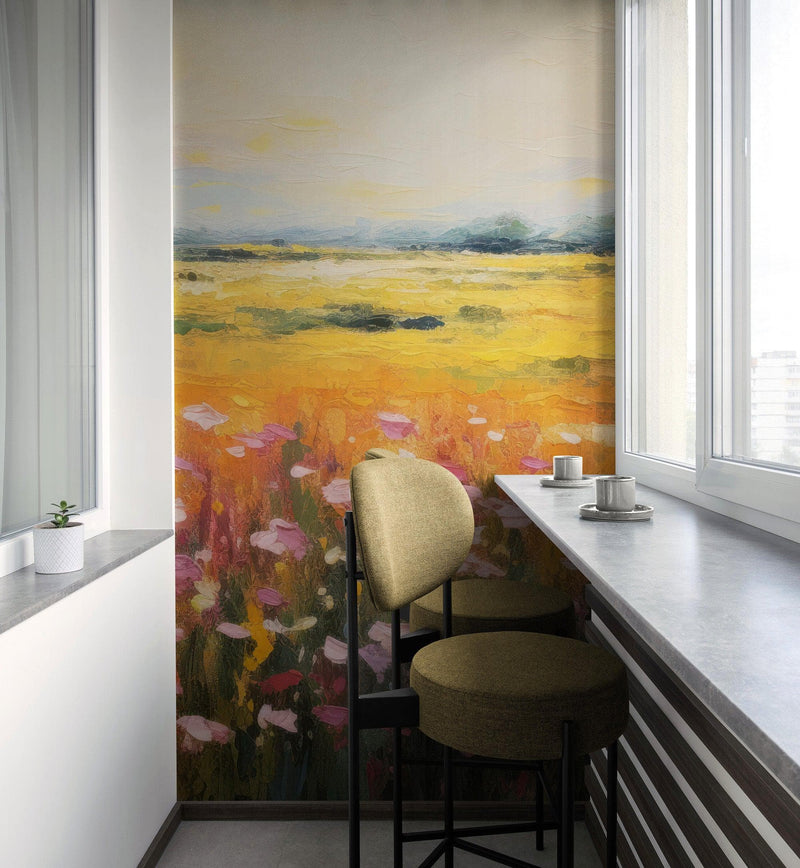 Colorful Yellow Flower Field Painting Wallpaper Mural.