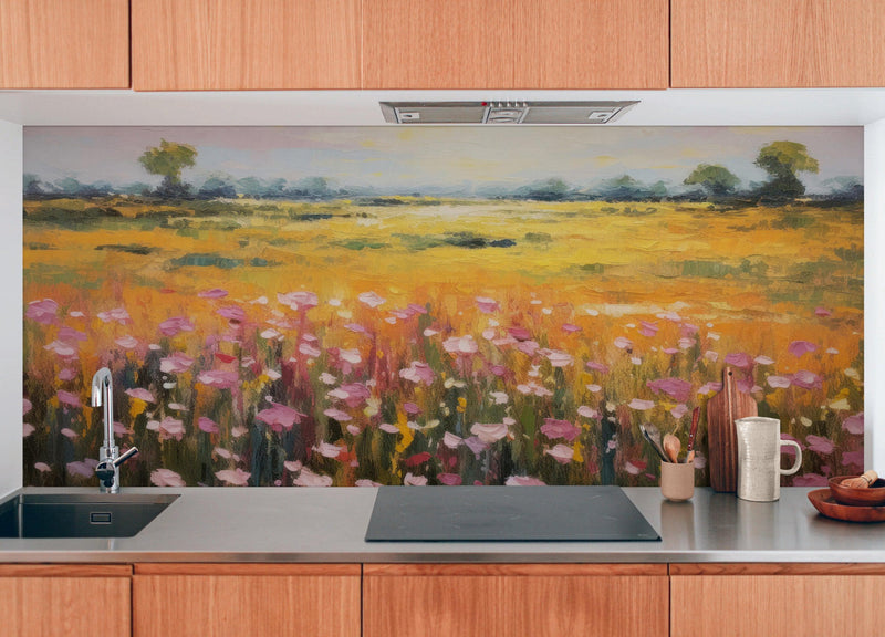 Colorful Yellow Flower Field Painting Wallpaper Mural.