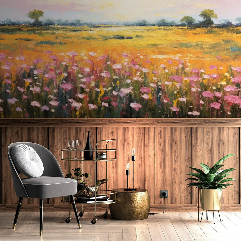 Colorful Yellow Flower Field Painting Wallpaper Mural.