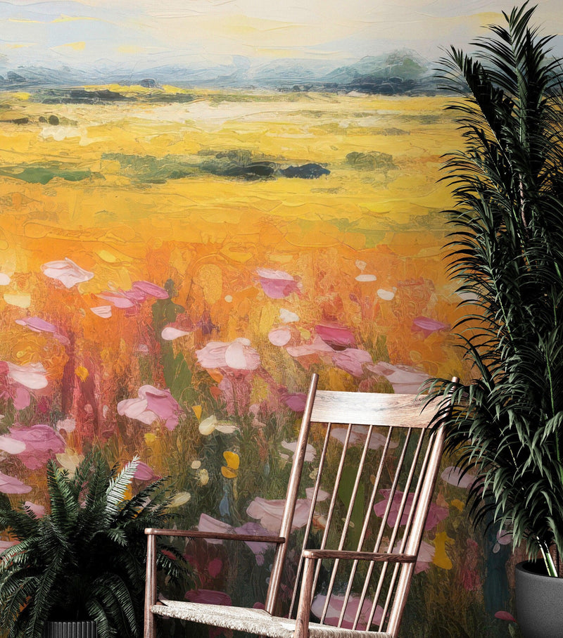 Colorful Yellow Flower Field Painting Wallpaper Mural.