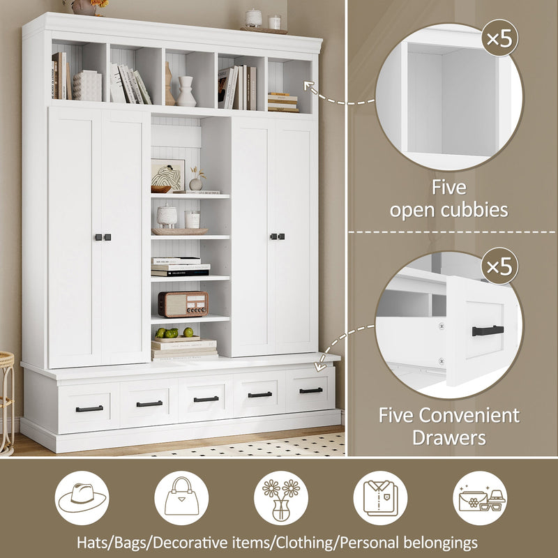 U-Can 78.7''H Hall Tree with Bench and 5 Storage Cubbies, Modern Entryway Storage Organizer Cabinet with 4 Doors, 5 Drawers and Adjustable Shelves for Hallway, Entryway, Living Room