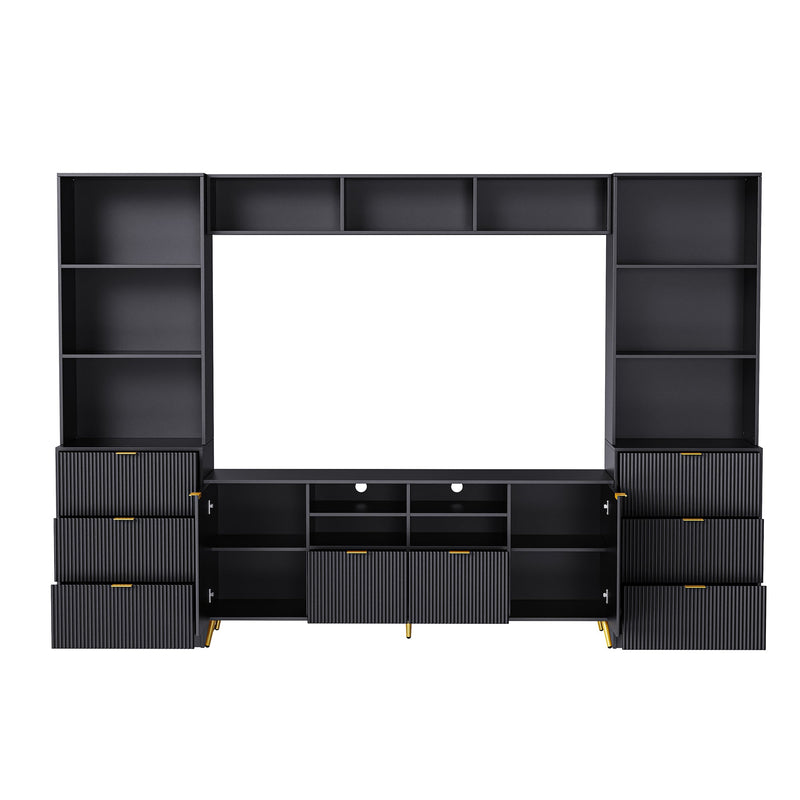 4-Piece Entertainment Wall Unit with 13 shelves,8 Drawers and 2 Cabinets, Multifunctional TV Stand Media Storage Cabinet with Fluted Line Surface for Living Room, for TVs Up to 70"