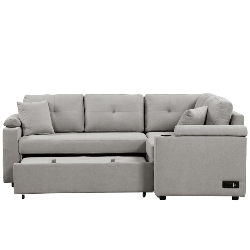 87.4" L-shape Sofa Bed Pull-out Sleeper Sofa with Wheels, USB Ports, Power Sockets for Living Room, Grey