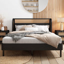 3 Pieces Modern Cannage Rattan Platform Queen Bed + Nightstandx2, Black