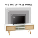 55.12" Rattan TV cabinet, double sliding doors for storage, adjustable shelf, solid wood legs, TV console for living room, White
