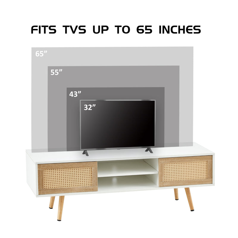 55.12" Rattan TV cabinet, double sliding doors for storage, adjustable shelf, solid wood legs, TV console for living room, White
