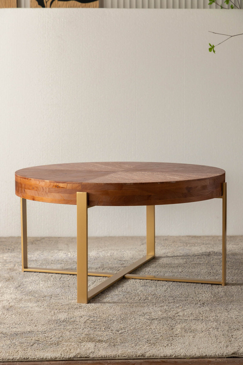 33.86"Modern Retro Splicing Round Coffee Table,Fir Wood Table Top with Gold Cross Legs Base