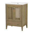 24" Bathroom Vanity with Ceramic Basin, Rattan Bathroom Storage Cabinet with Two Doors and Drawer, Solid Frame, Natural