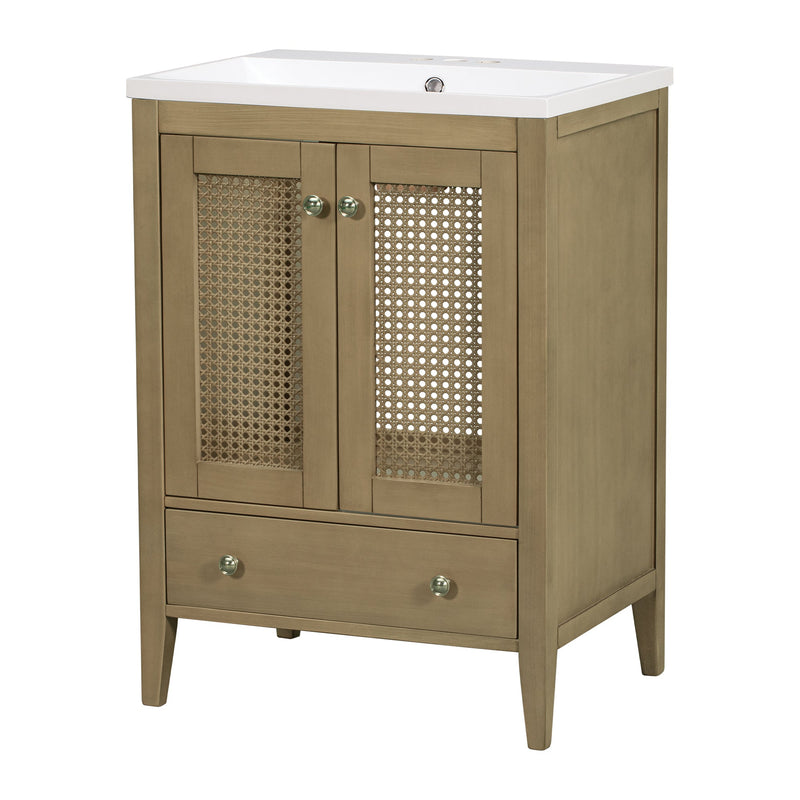 24" Bathroom Vanity with Ceramic Basin, Rattan Bathroom Storage Cabinet with Two Doors and Drawer, Solid Frame, Natural