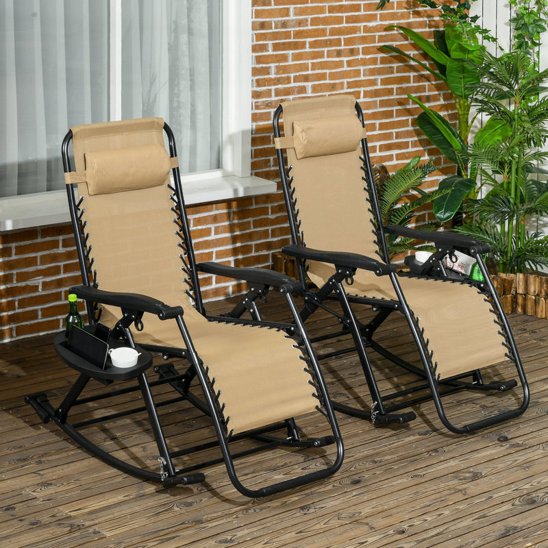 2 Pieces Outdoor Rocking Chairs, Foldable Reclining Zero Gravity Lounge Rocker with Pillow, Cup & Phone Holder, Combo Design with Folding Legs, Beige