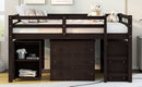 Loft Low Study Bed With Cabinet, Shelves And Rolling Portable Desk, Multiple Functions