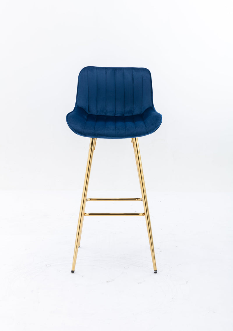 26 Inch Set of 2 Bar Stools, with Steel Frame Footrest Velvet Fabric Golden Leg Simple Bar Stool, BLUE
