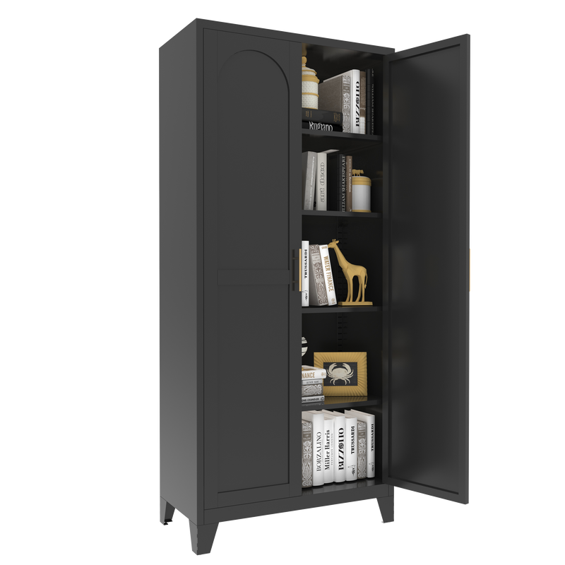 71'' 2 Shapely Doors Cabinet, Metal Storage Cabinet with Doors and Adjustable Shelves, for Bedroom, Living Room, Kitchen (Black)