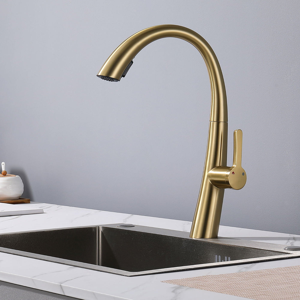 Elegant Single Handle Stainless Steel Pull Out Kitchen Faucet With High Arch Spout, photo 9 of 16