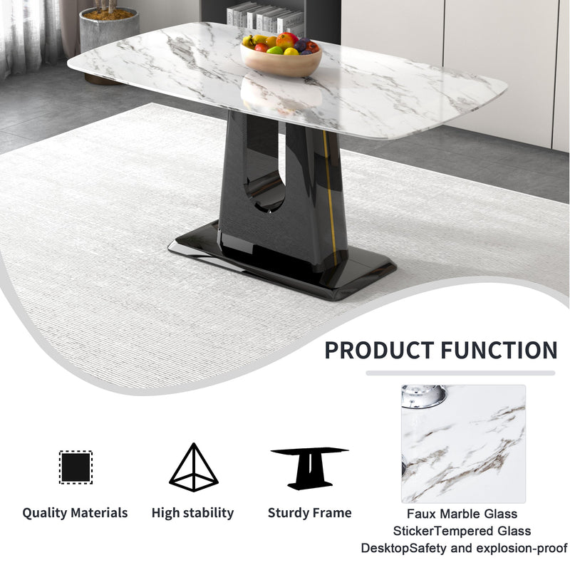 A modern, minimalist, and luxurious dining table with a white imitation marble tabletop and MDF legs with U-shaped brackets. Tables in restaurants and living rooms 63"x35.4"x30 F-U