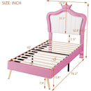 Twin Size Upholstered Bed Frame with LED Lights, Modern Upholstered Princess Bed With Crown Headboard,White+Pink