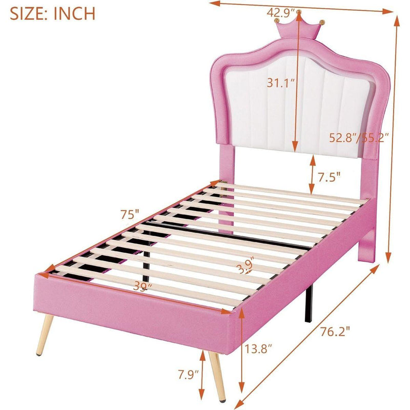 Twin Size Upholstered Bed Frame with LED Lights, Modern Upholstered Princess Bed With Crown Headboard,White+Pink