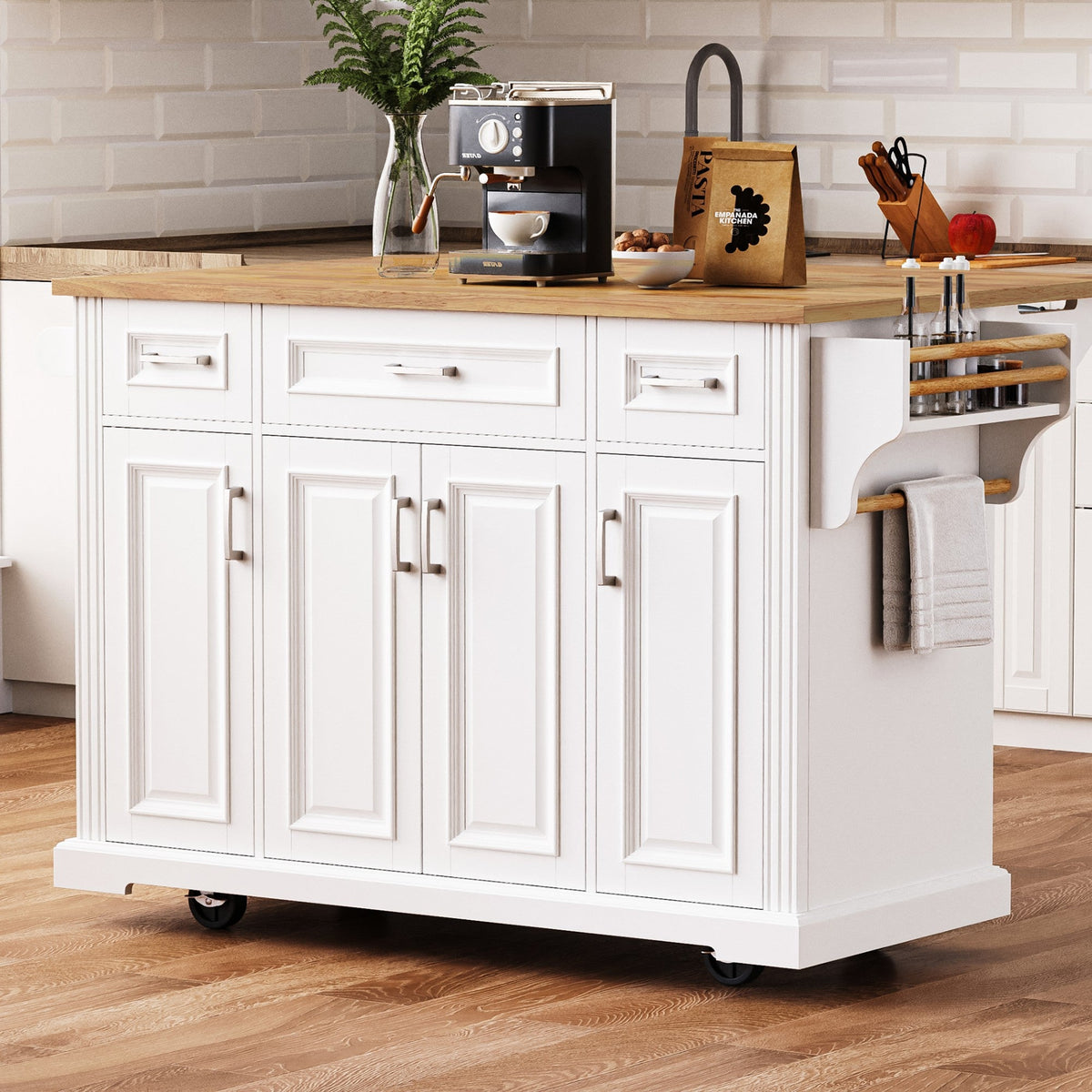 K&K 54-Inch Large Kitchen Island with Rubber Wood Drop Leaf, photo 8 of 10