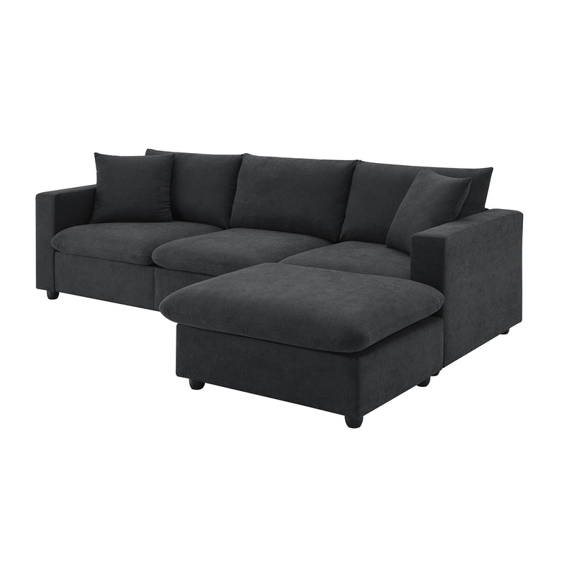 Walker Edison | Chenille Black Modern L-shape Sectional Sofa Ottoman