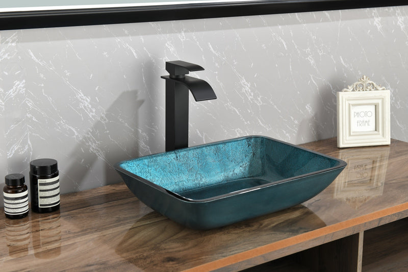 18.125" L -13.0" W -12.0" H Handmade Countertop Glass Rectangular Vessel Bathroom Sink Set in Blue Glass with Matte Black Single-Handle Single Hole Faucet and Pop Up Drain