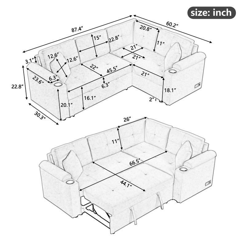87.4" L-shape Sofa Bed Pull-out Sleeper Sofa with Wheels, USB Ports, Power Sockets for Living Room, Beige