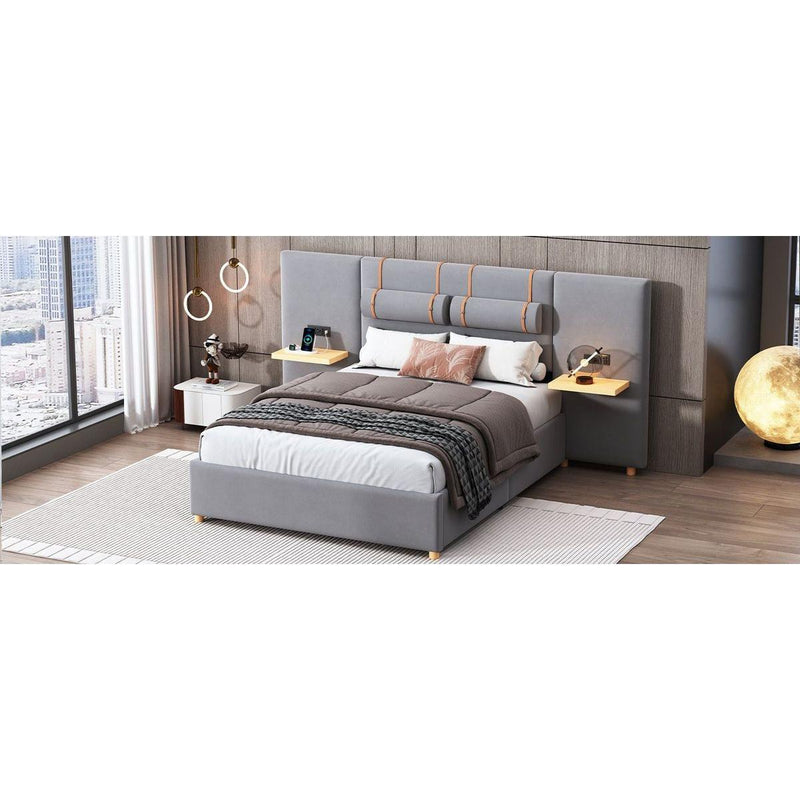 Full size upholstered platform bed with two outlets and USB charging ports on both sides, two bedside pillows, storage shelf, Velvet,Gray