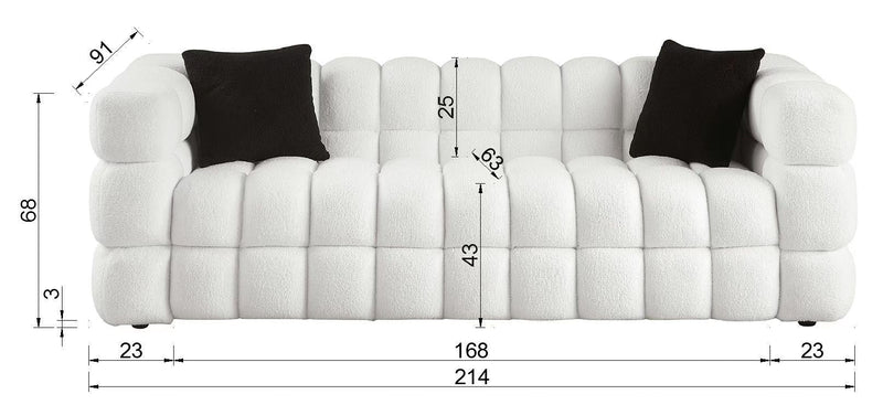 84.3/62.2 length, 35.83" deepth, human body structure for USA people, marshmallow sofa,boucle sofa, White color,3 seater. sofa and loveseater