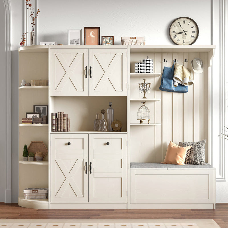 Multifunctional left-right combination hall cabinet (can be used separately) with storage and 4 hooks, storage cabinet/ hall tree 2 in 1 for living room, kitchen and hallway,antique Beige