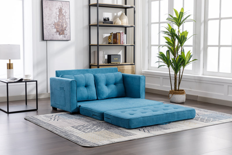 59.4" Loveseat Sofa with Pull-Out Bed Modern Upholstered Couch with Side Pocket for Living Room Office, Blue