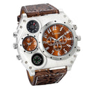 MenÕs Quartz Watch Two Time Zone Big Face Military Style Compass Thermometer Decorative Dial PU Leather Strap