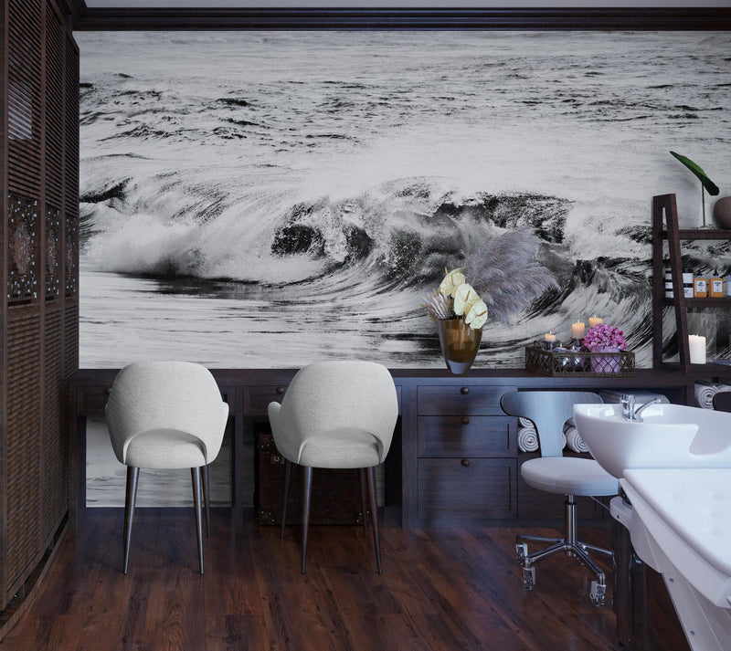 Ocean Wave Wallpaper. Black and White Surf Theme Wall Mural.