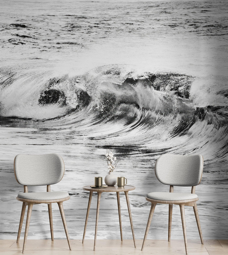 Ocean Wave Wallpaper. Black and White Surf Theme Wall Mural.