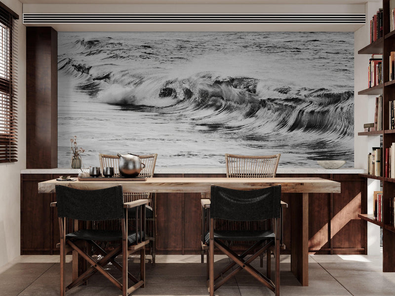 Ocean Wave Wallpaper. Black and White Surf Theme Wall Mural.