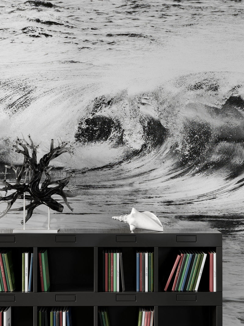 Ocean Wave Wallpaper. Black and White Surf Theme Wall Mural.