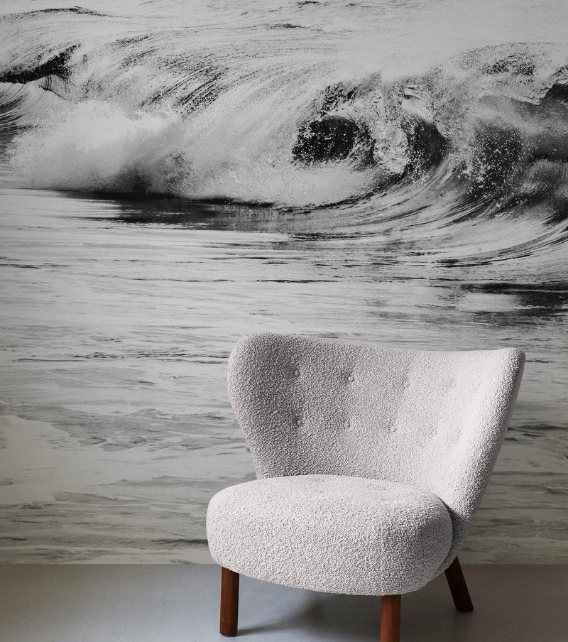 Ocean Wave Wallpaper. Black and White Surf Theme Wall Mural.