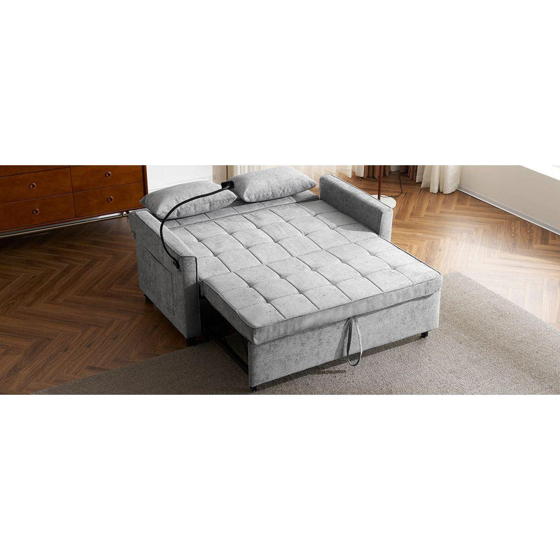 56.9' Loveseat Sofa Pull-out Sofa Bed Sleeper Sofa with a Reversible Backrest Cushion, Side Pockets, Two USB Ports and a Phone Holder for Living Room, Grey