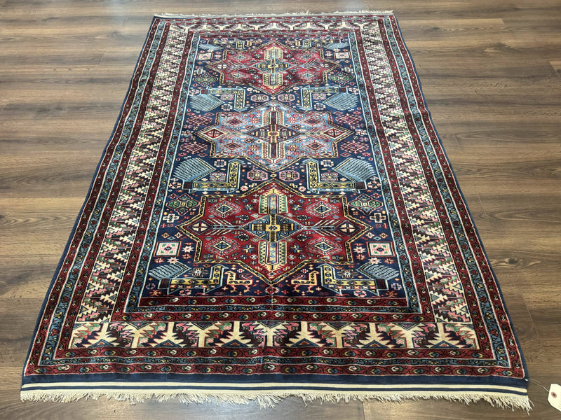 Indian Rug with Caucasian Design, 4x6 Geometric Carpet, Navy Blue and Cream