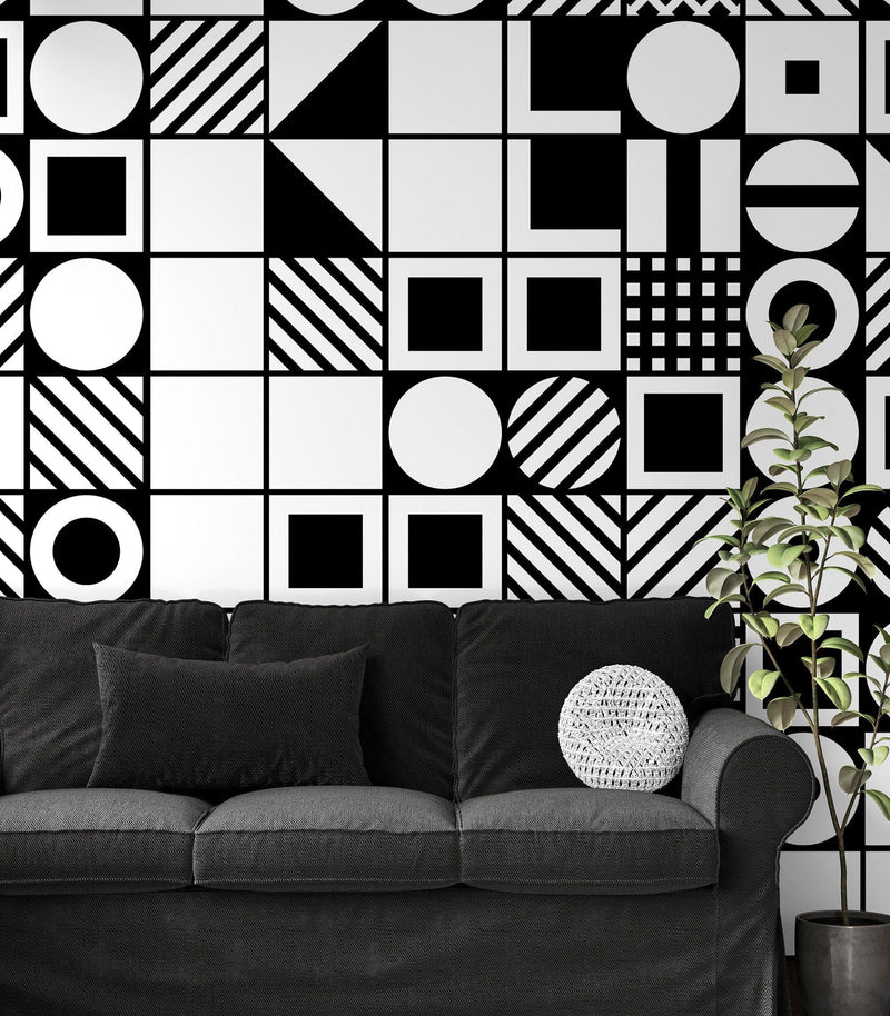 Black and White Geometric Shapes Wallpaper Mural Wall Art.