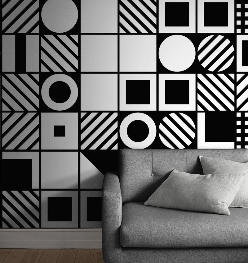 Black and White Geometric Shapes Wallpaper Mural Wall Art.