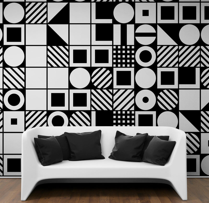 Black and White Geometric Shapes Wallpaper Mural Wall Art.