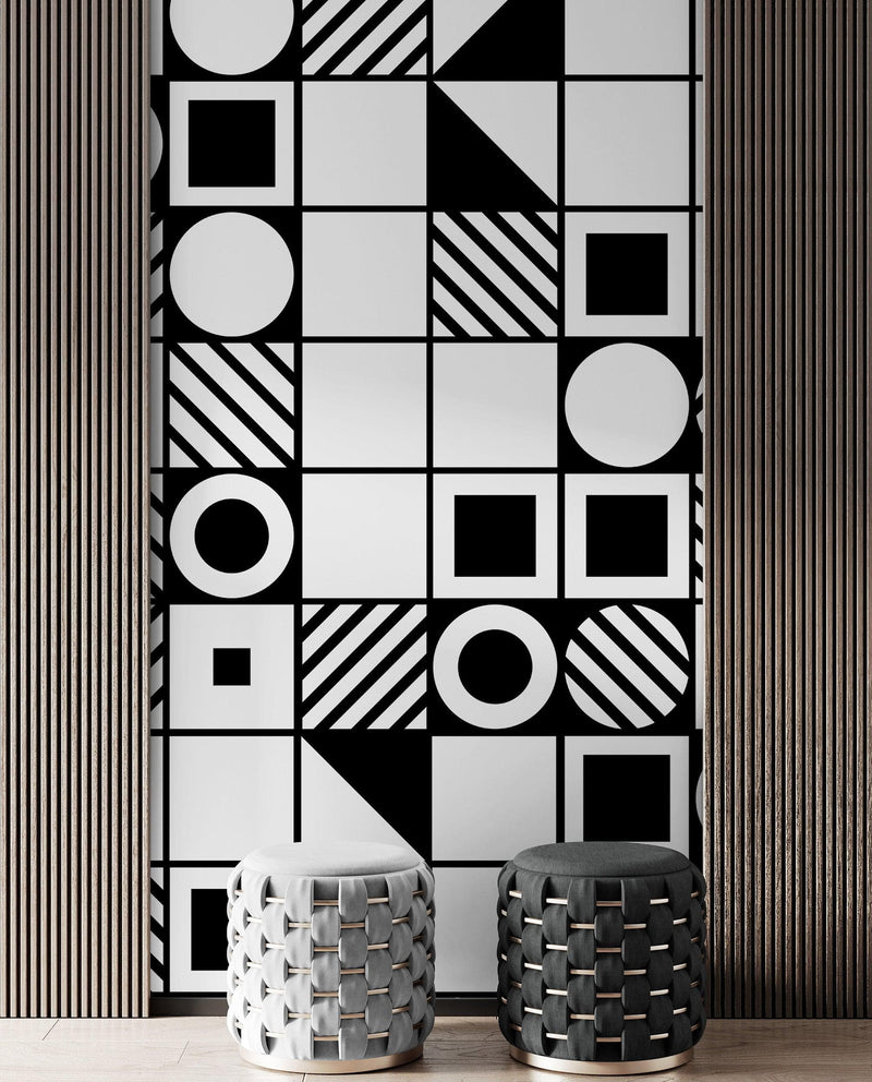 Black and White Geometric Shapes Wallpaper Mural Wall Art.